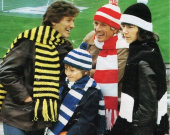 vintage mens football hats scarf sets knitting pattern PDF DK mans striped cap bobble hat small medium large DK light worsted 8ply Download