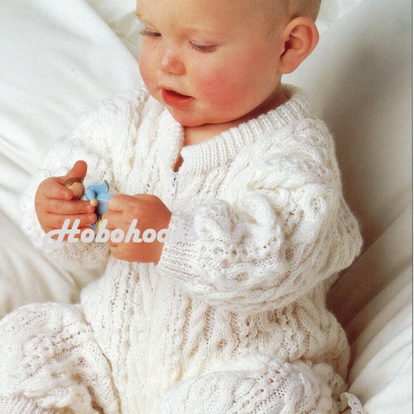 Baby all in one baby sleepsuit with zip romper suit aran rompers cable pattern 18-20 inch DK Baby Knitting Pattern PDF instant download