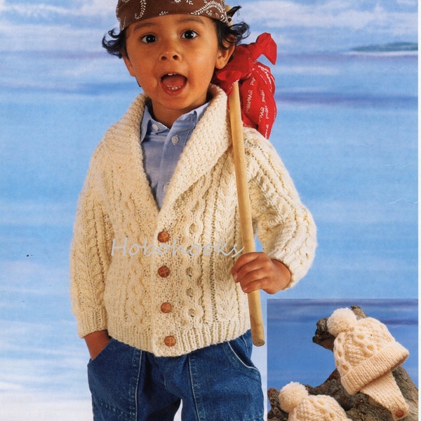 Baby / Childs Aran jacket hat knitting pattern PDF cable cardigan shawl Collar roll neck 18-24" Aran worsted 10ply instant download