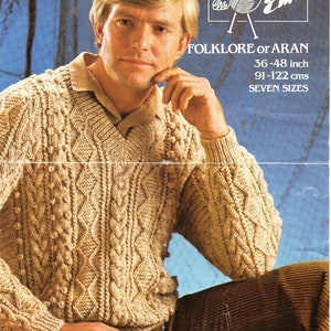 vintage mens aran sweater knitting pattern pdf mens cable jumper v neck 36-48&quot; aran worsted 10ply pdf instant download