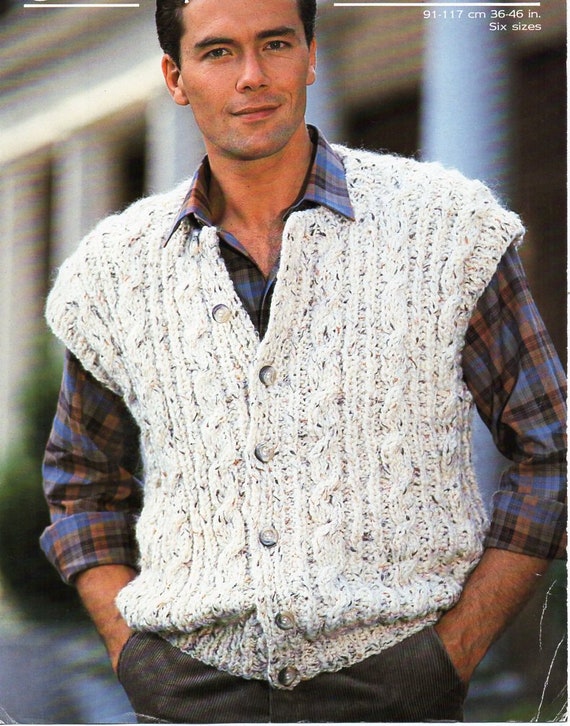 mens cable waistcoat knitting pattern pdf mans super chunky gilet vest 36 46