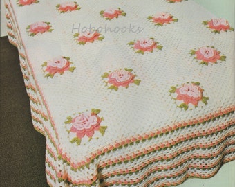 Crochet Rose Bedspread Pattern, Vintage Floral Blanket (PDF Download)