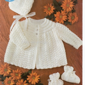 baby lacy matinee coat bonnet bootees knitting pattern 18-19 inch DK baby knitting pattern  pdf instant download