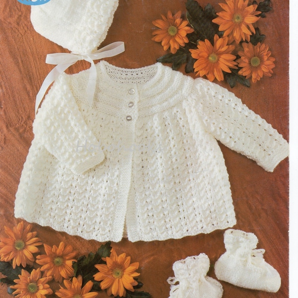 baby lacy matinee coat bonnet bootees knitting pattern 18-19 inch DK baby knitting pattern  pdf instant download