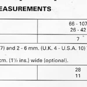 May include: Materials and measurements for a knitting project. The project requires 7 balls of Wendy Foxy Lady yarn (50g each), size 7 and 10 knitting needles, an optional button, and 1 meter of 3.5 cm wide ribbon. The finished garment will fit bust sizes 26-42 inches (66-107 cm) and has a length of 11 inches (28 cm) from the back neck.