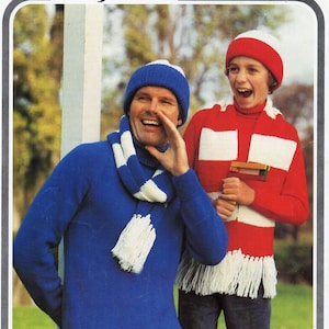 mens sweater football scarf and cap knitting pattern pdf mens jumper scarf hat vintage 70s 28-42&quot; DK light worsted 8ply pdf instant download