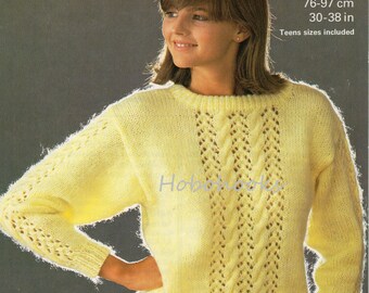 Vintage Chunky Sweater Knitting Pattern: Lacy Panel, 30-38" (PDF Download)