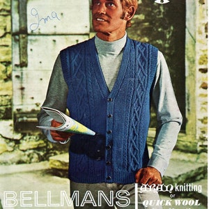 vintage mens aran waistcoat knitting pattern pdf mens cable vest 36-46&quot; aran worsted 10ply / chunky bulky 12ply pdf instant download