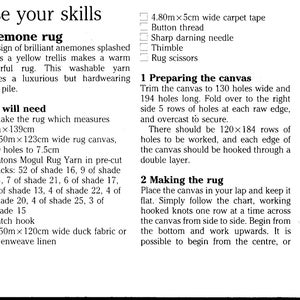May include: Anemone rug craft project instructions with a list of materials needed, including 1.50m x 123cm wide rug canvas, Patons Mogul Rug Yarn in pre-cut packs, latch hook, and 1.50m x 120cm wide duck fabric or evenweave linen. The instructions include steps for preparing the canvas and making the rug.