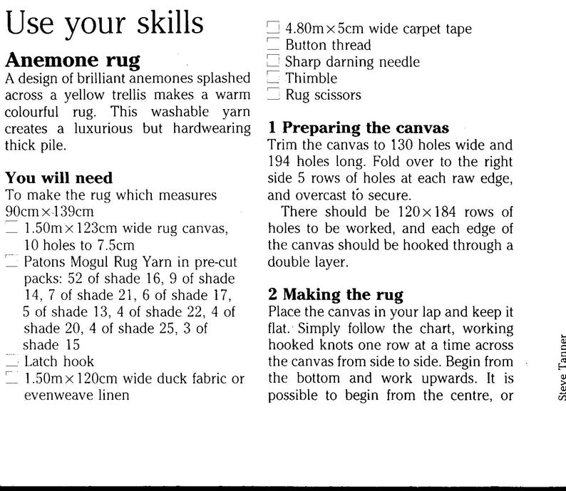 May include: Anemone rug craft project instructions with a list of materials needed, including 1.50m x 123cm wide rug canvas, Patons Mogul Rug Yarn in pre-cut packs, latch hook, and 1.50m x 120cm wide duck fabric or evenweave linen. The instructions include steps for preparing the canvas and making the rug.