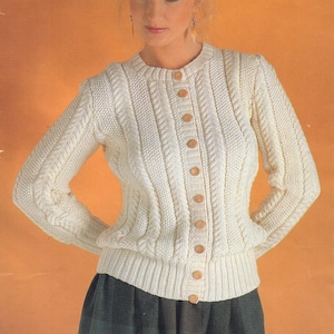 womens cable cardigan knitting pattern pdf ladies round neck jacket 32-40 inch chest DK light worsted 8ply pdf instant download