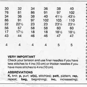 May include: A knitting pattern for a sweater called "Fascination" with measurements in inches and centimeters for sizes 30 to 40 inches. The pattern requires 4 to 5 balls of yarn and knitting needles in sizes 4 mm and 6 mm.