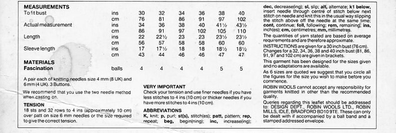 May include: A knitting pattern for a sweater called "Fascination" with measurements in inches and centimeters for sizes 30 to 40 inches. The pattern requires 4 to 5 balls of yarn and knitting needles in sizes 4 mm and 6 mm.