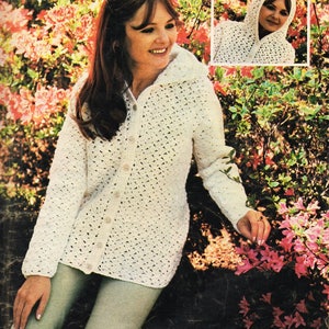 womens crochet jacket CROCHET PATTERN pdf ladies hooded crochet cardigan with hood Vintage 1970s 34-36&quot; DK lt worsted 8ply instant download