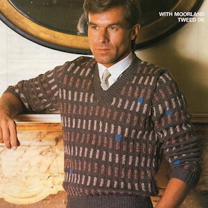 mens sweater knitting pattern pdf swiss darning patterned jumper 34-44 inch chest DK light worsted 8ply yarn pdf instant download