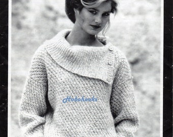 90s Vintage Split Neck Aran Sweater Knitting Pattern (PDF Download