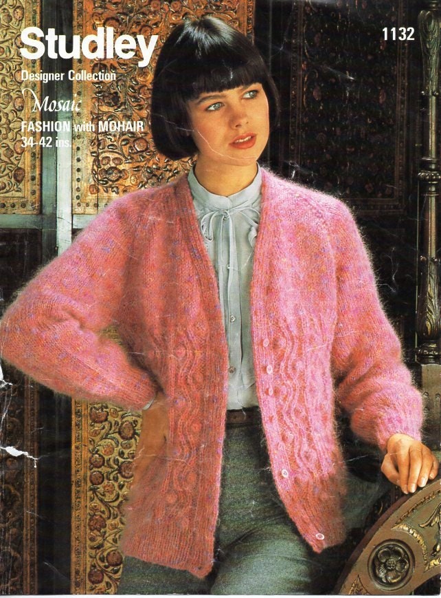 vintage womens mohair cardigan knitting pattern pdf ladies bobble cable  jacket 34-42