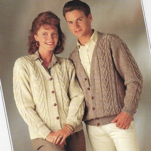 womens mens aran cardigan knitting pattern pdf ladies cable jacket 34-42&quot; DK light worsted 8ply pdf instant download