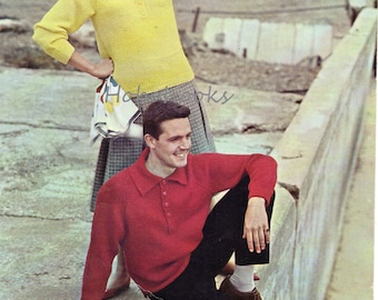 womens mens polo shirt sweater knitting pattern pdf DK ladies jumper with collar vintage 1950s 32-42" DK light worsted 8ply instant download