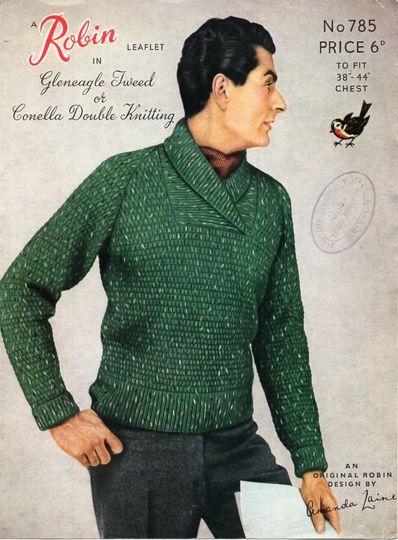 vintage mens shawl collar sweater knitting pattern pdf mens plain / patterned roll neck jumper 38-44