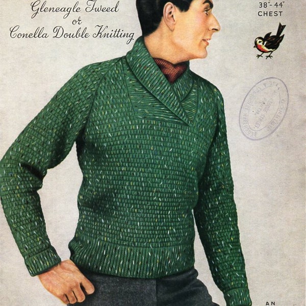 vintage mens shawl collar sweater knitting pattern pdf mens plain / patterned roll neck jumper 38-44" DK light worsted 8ply instant download