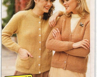 Vintage Cardigan Knitting Pattern: V-Neck & Round Neck, Raglan Jacket (PDF Download)