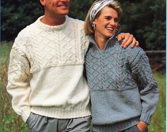 womens mens Guernsey sweater knitting pattern pdf ladies cable jumper crew neck / collar 34-48" aran worsted 10ply pdf instant download
