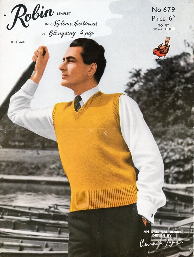 Vintage mens slipover knitting pattern pdf mens v neck | Etsy