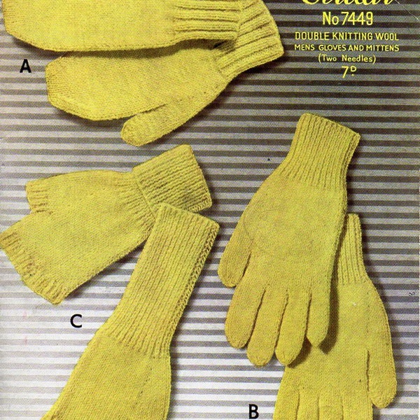 vintage mens gloves knitting pattern pdf mittens fingerless gloves 2 needles mitts 2 pins DK Light Worsted 8ply instant download