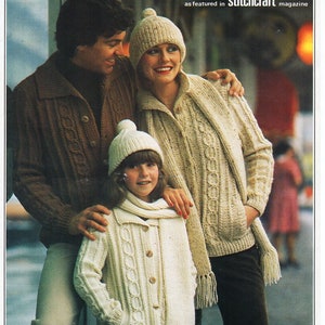 vintage aran jacket knitting pattern pdf womens mens childrens cable cardigan hat scarf 26-44&quot; aran worsted 10ply pdf instant download