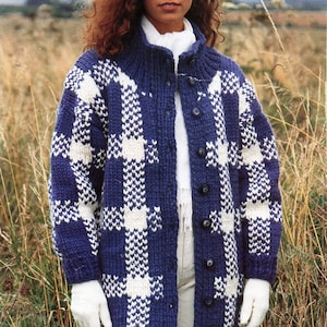 May include: A blue and white checked cardigan with a button fastening. The cardigan is knitted and has a collar.