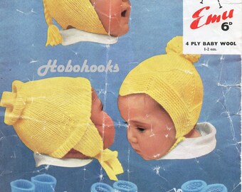 Vintage Baby Hats & Booties Knitting Pattern, 4 Ply (PDF)