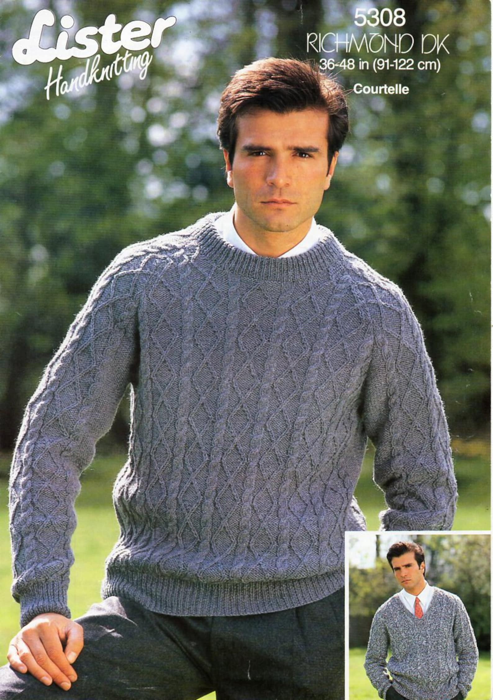Mens Sweater Knitting Pattern Pdf DK Mens Cable Rib Jumper Crew or V