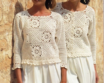 womens CROCHET PATTERN pdf crochet sweater top waistcoat cardigan motif granny squares 32-34 inch 4ply fingering cotton instant download