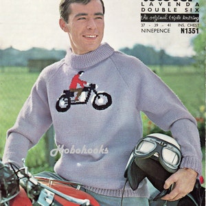 vintage mens motorbike sweater knitting pattern pdf Motorcycle Motif Mens Polo Neck Jumper 37-41inch Aran worsted 10ply PDF Instant Download