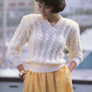 womens cable sweater knitting pattern pdf ladies cable v neck jumper 32-42 inch chest DK / light worsted / 8ply yarn pdf instant download