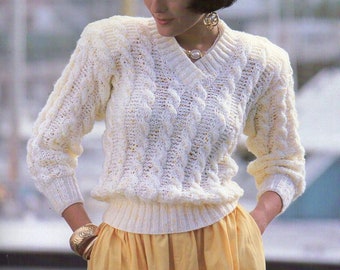 womens cable sweater knitting pattern pdf ladies cable v neck jumper 32-42 inch chest DK / light worsted / 8ply yarn pdf instant download