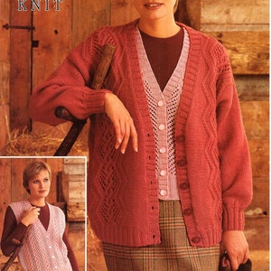 womens cardigan waistcoat knitting pattern pdf ladies lacy jacket vest 30-44&quot; cardigan aran worsted 10ply waistcoat DK 8ply instant download