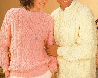 womens mens aran sweater knitting pattern pdf ladies cable jumper 32-46" aran worsted 10ply pdf instant download