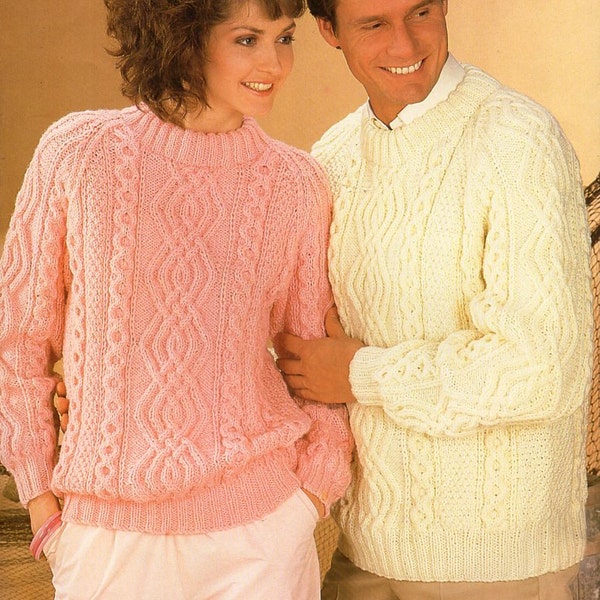 womens mens aran sweater knitting pattern pdf ladies cable jumper 32-46" aran worsted 10ply pdf instant download