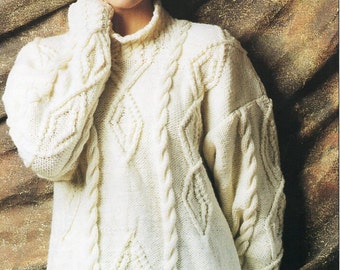 Womens aran sweater knitting pattern pdf ladies cable high neck jumper Vintage 28-40 inch aran worsted 10ply Instant download
