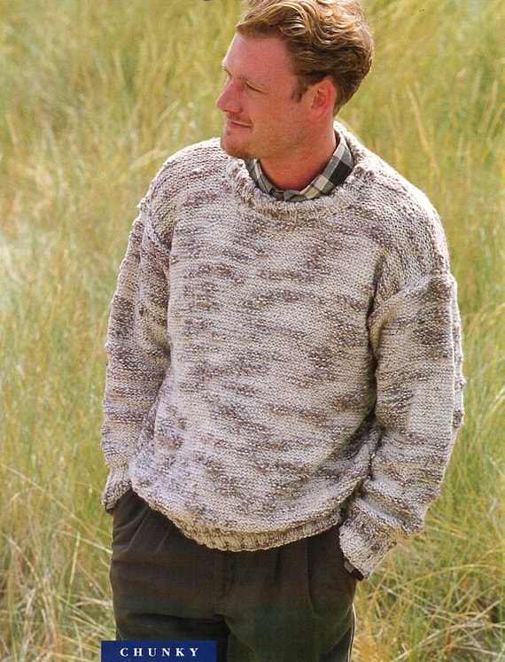 Mens Chunky Sweater Knitting Pattern Pdf Mens Round Neck Etsy