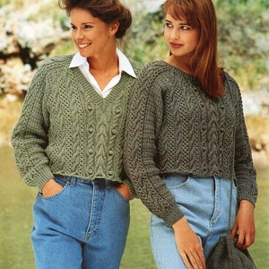womens aran sweater knitting pattern pdf download ladies crop cable jumper short length 28-40&quot; DK light worsted 8ply PDF Instant Download