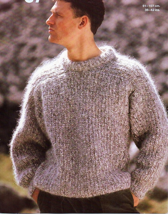 mens fishermans rib mohair sweater knitting pattern pdf mens ribbed jumper  36-42