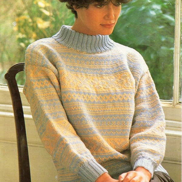 womens fair isle sweater knitting pattern pdf ladies fairisle jumper crew neck Vintage 30-40 inch DK light worsted 8ply pdf Instant download