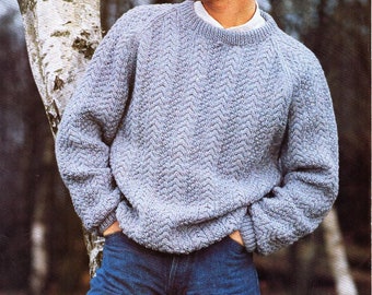 vintage mens sweater knitting pattern pdf mans jumper patterned round neck 34-44" aran worsted 10ply pdf instant download