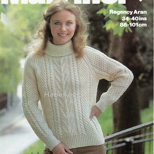 womens aran sweater knitting pattern pdf ladies cable polo neck crew neck jumper34-40&quot; Aran worsted 10ply PDF instant download