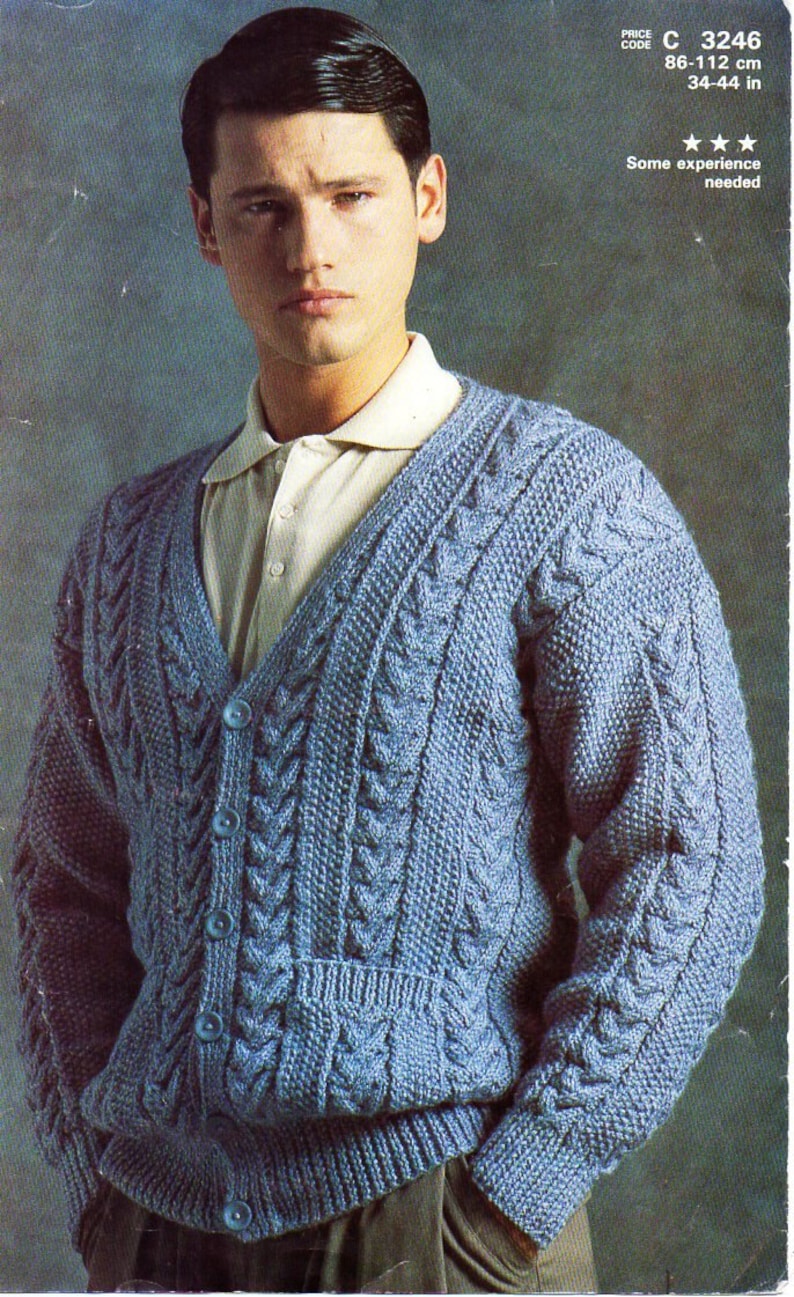 Mens Aran Cardigan Knitting Pattern PDF Mens Cable Jacket V Etsy UK