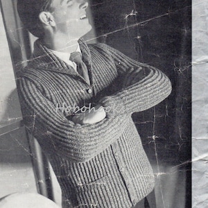 Vintage mens rib cardigan knitting pattern pdf 1940s ribbed jacket with shawl collar 40-42 inch DK 8ply PDF digital Download