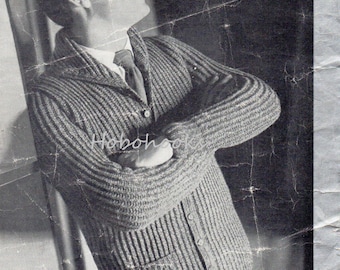 Vintage Ribbed Cardigan Knitting Pattern, Shawl Collar (40-42 inch) (PDF Download)